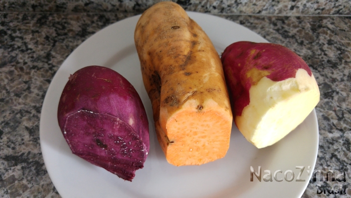 Batatas doces coloridas - roxa, salmão e amarela