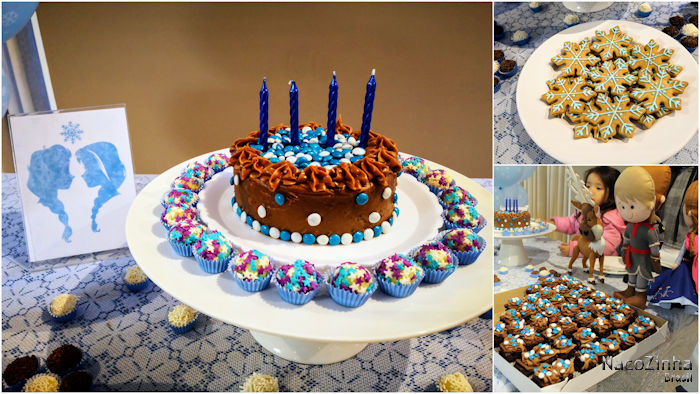 Bolo de chocolate, biscoito de mel e brigadeiros